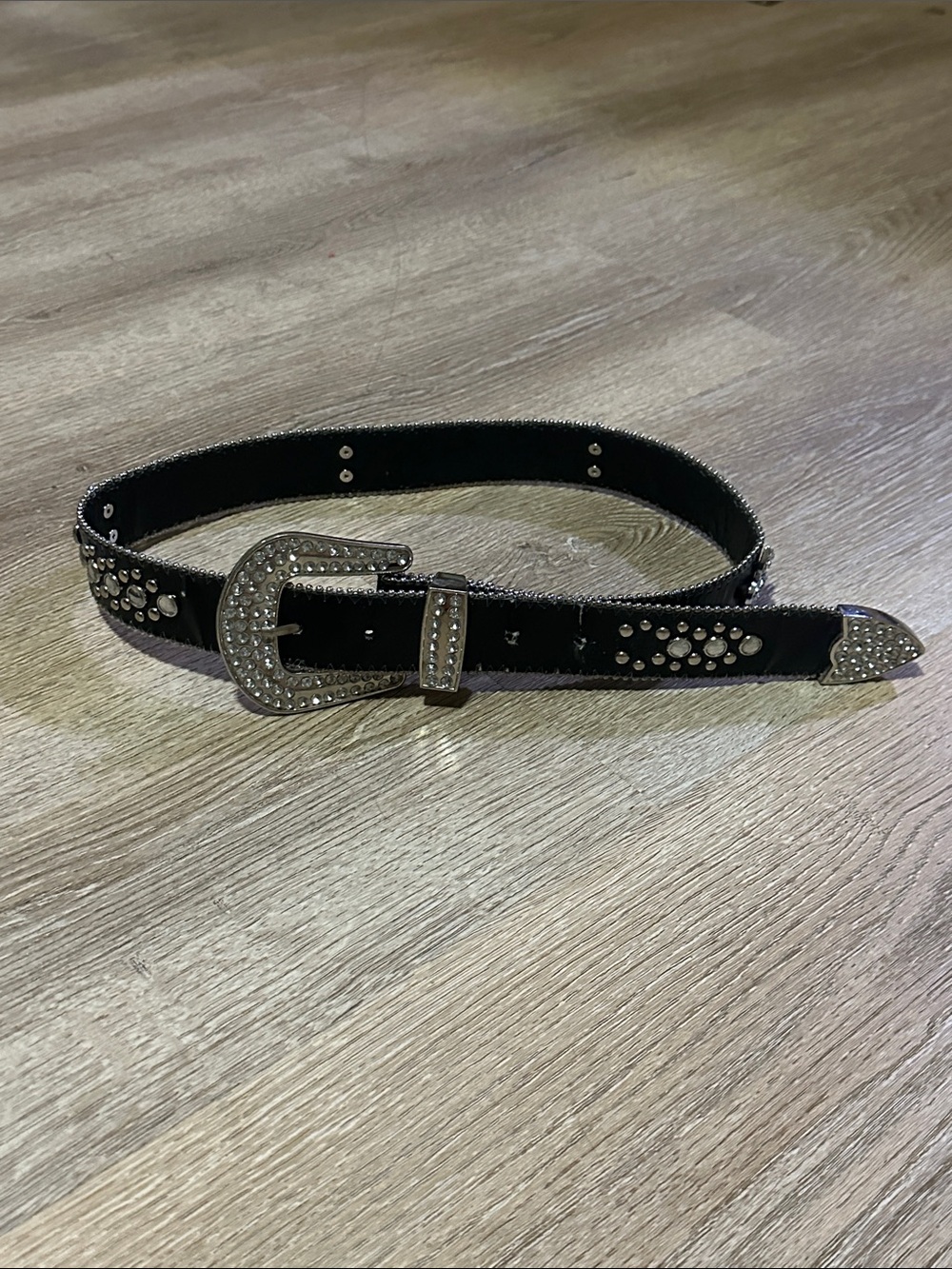 Black Studded Western-Style Belt with Rhinestone Buckle